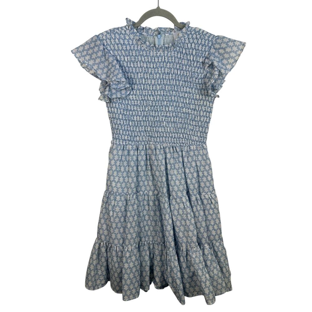 J Marie Annabelle Ruched Blue & White Star Print Size S Dress Mini Tiered EUC